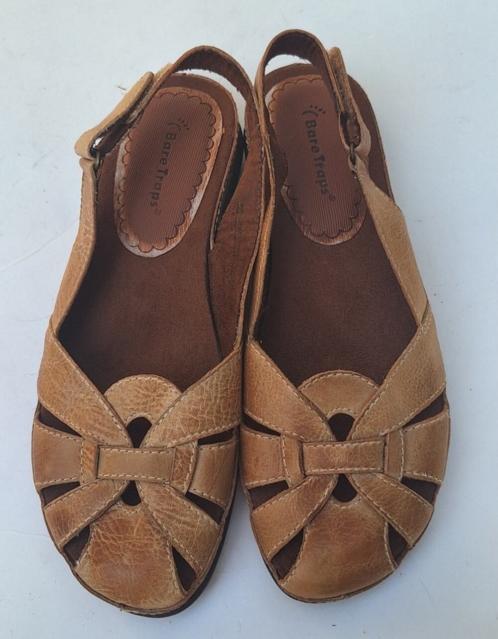 BareTraps Dayla Women Leather Slingback Fisherman Sandals Woven Toe Tan Sz 8.5